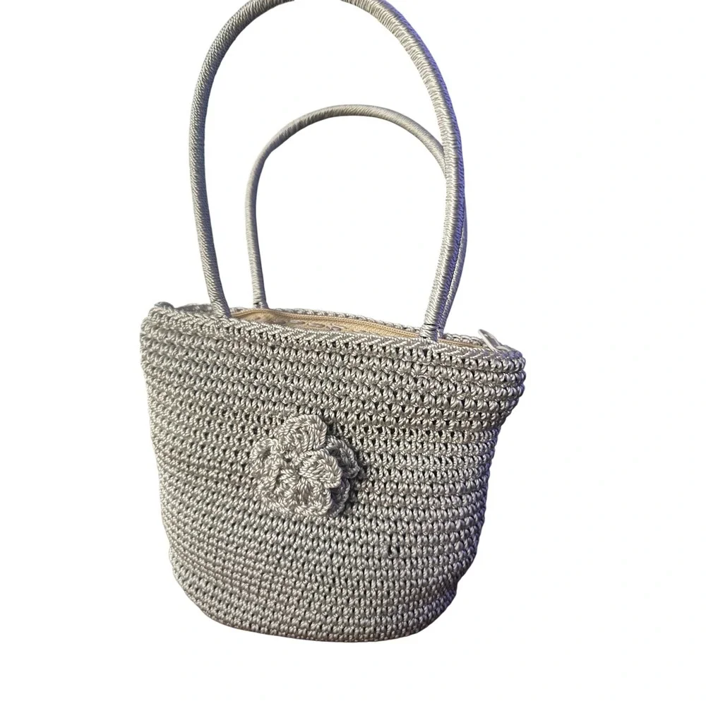 Silver Metallic Gray Crochet Shoulder Bag Floral Zip Tote Handcrafted VTG EUC